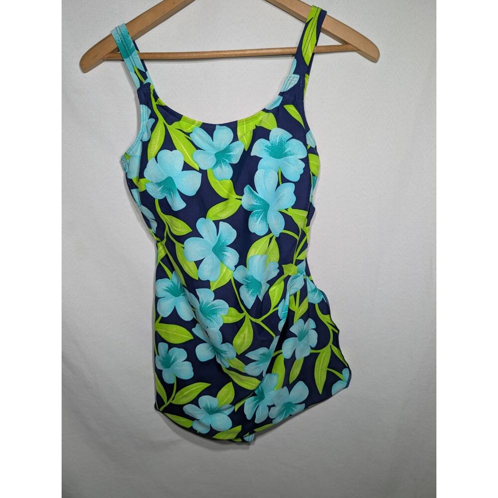 Christina Vtg Womens Blue Floral Swimsuit 14 Full Coverage Built In Cups‎ Modest